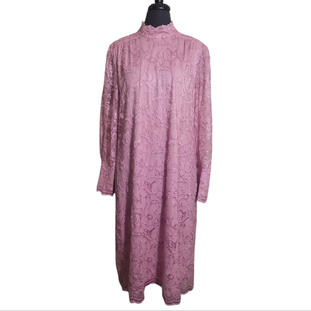 Blair Boutique pink textured floral lace shift dress long sleeve size 16.5